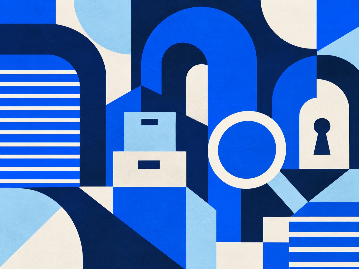 Abstract blue and navy pattern inspired by storage doors, boxes and a magnifying glass